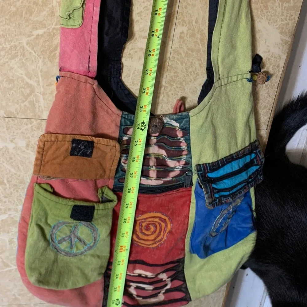 Bohemian Patchwork Hobo Bag Large Multi-Color Peace Sign Hippie Festival Hobo